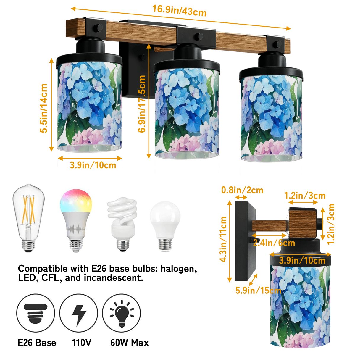 Pretty Floral Hydrangeas, Blue Pink Purple Asian Garden Zen Vanity Light Fixture