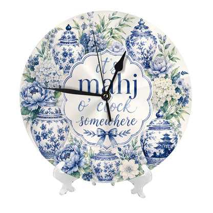 It's Mahj O'Clock Somewhere, Ginger Jar Floral Blue Chinoiserie Wall Or Desk Clock Including Stand