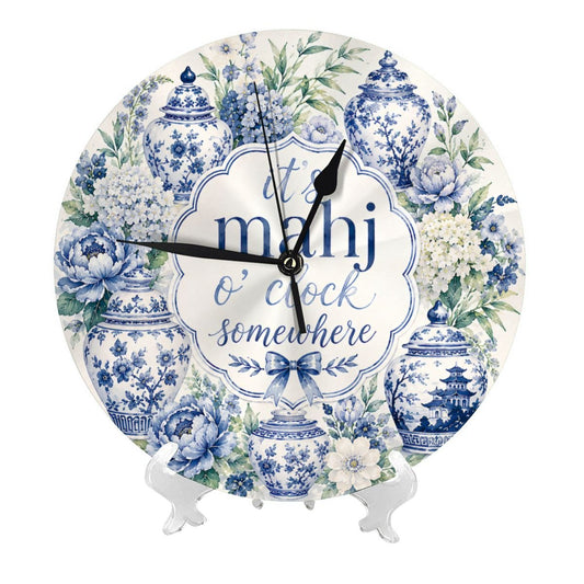 It's Mahj O'Clock Somewhere, Ginger Jar Floral Blue Chinoiserie Wall Or Desk Clock Including Stand - Splash Of Mahj And Color Co.