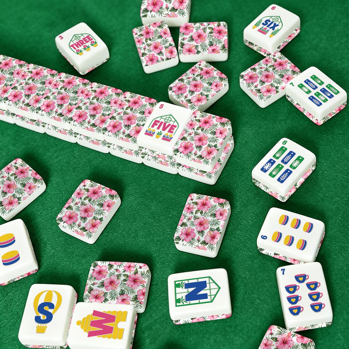 Passion Pink Hibiscus Floral Garden Mahjong Tiles And Carry Case