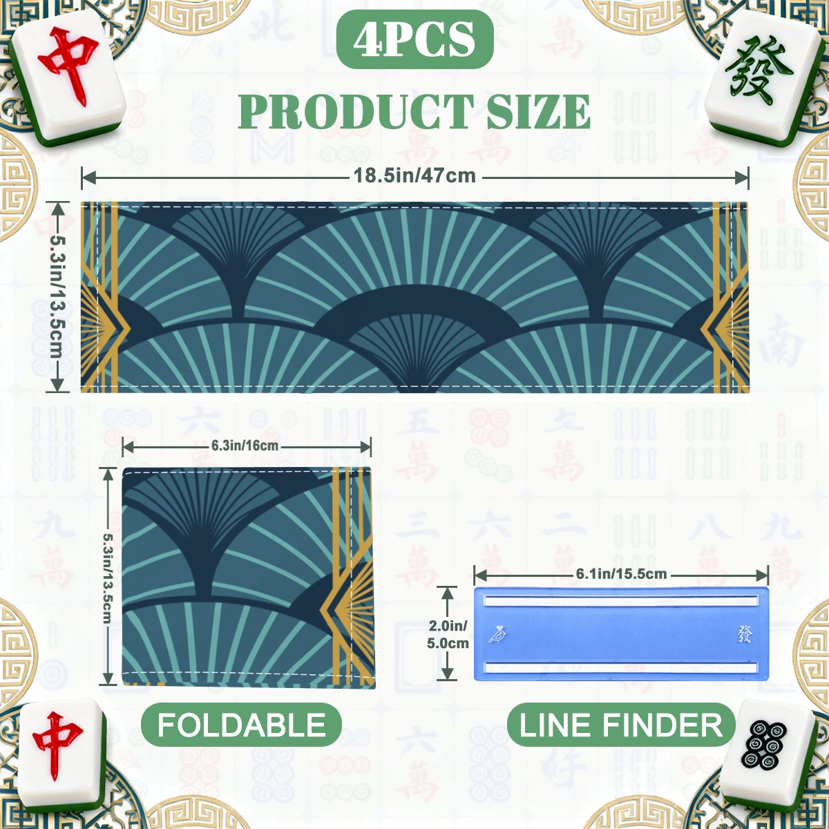 Art Deco Mahjong Blue Gilded Gold 4 Mahjong Card Holder with Line Finder - Splash of Color Co.