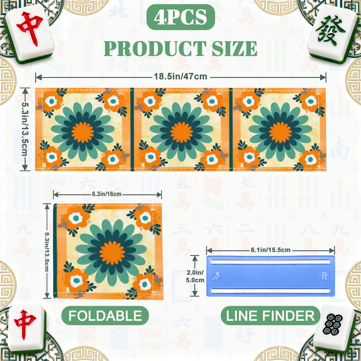 Floral Boho Orange, Teal Blue 4 Mahjong Card Holder with Line Finder - Splash of Color Co.