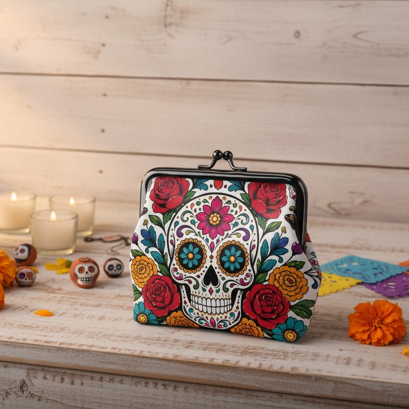 Day Of The Dead Women's Leather Kiss Lock Coin Purse - Splash Of Mahj And Color Co.
