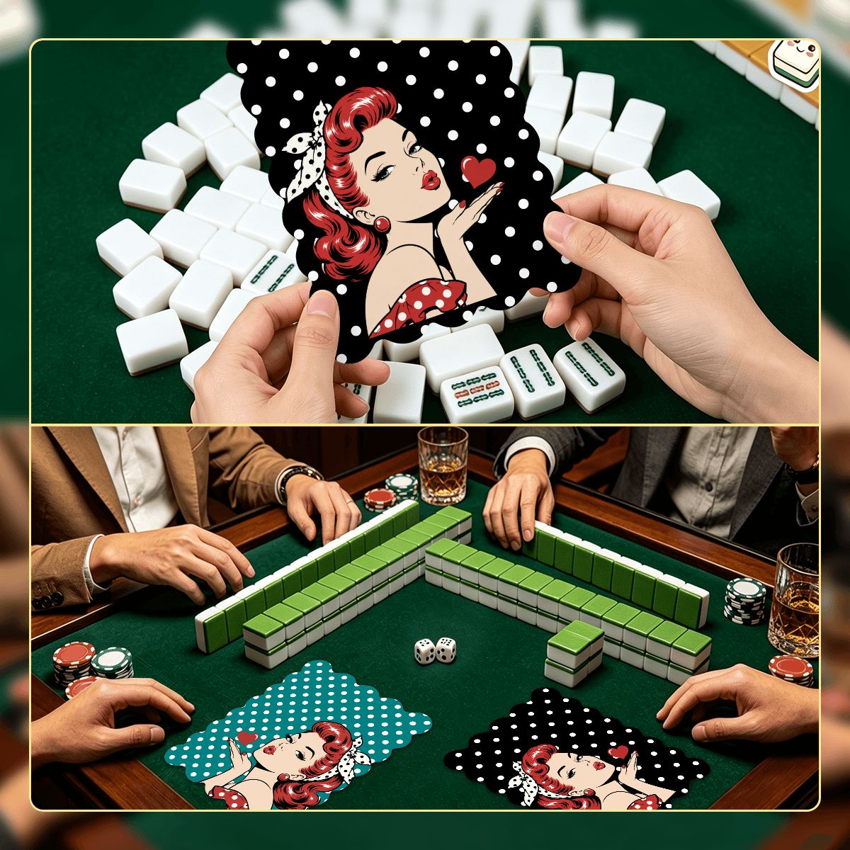 Black and Teal Polka Dot Nostalgic Scalloped Mahjong Shuffler Cards  Set of 4