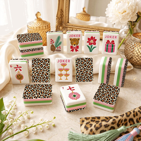 Wild Side Leopard Print 4 Layer Glam Holiday American Mahjong Tiles And Carry Case - Splash Of Mahj And Color Co.