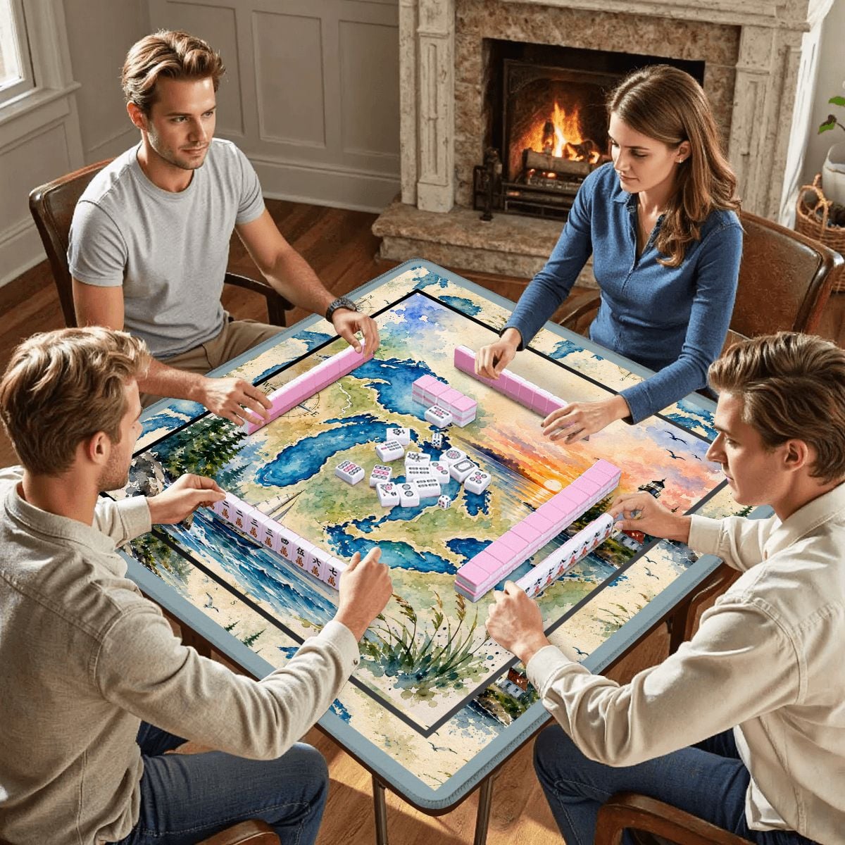 The Great Lakes Watercolor Custom Mahjong Mat - Splash Of Mahj And Color Co.