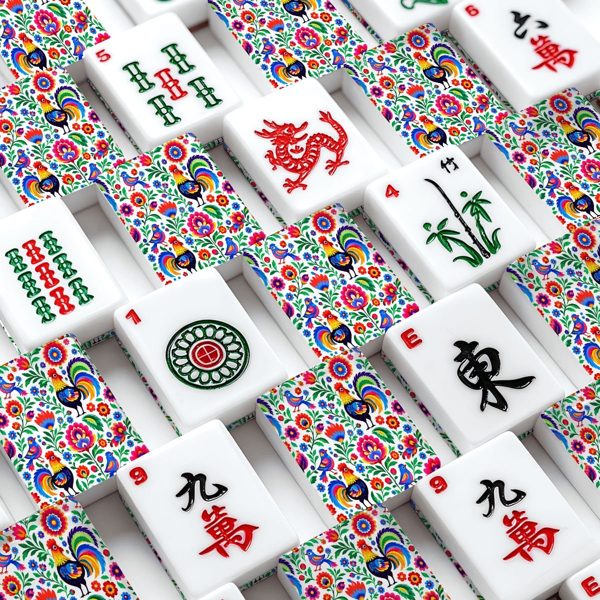 Wycinanki Polish Folk Art, Rooster American Mahjong Tiles And Carry Bag Case - Splash Of Mahj And Color Co.