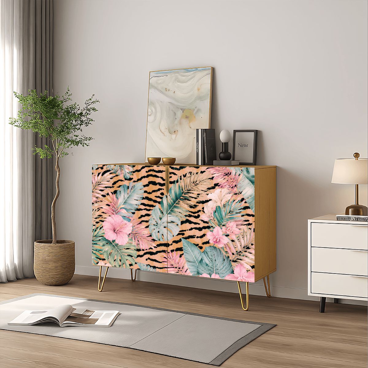 Tiger Jungle Print Mahjong Storage Cabinet Wooden - Splash Of Mahj And Color Co.