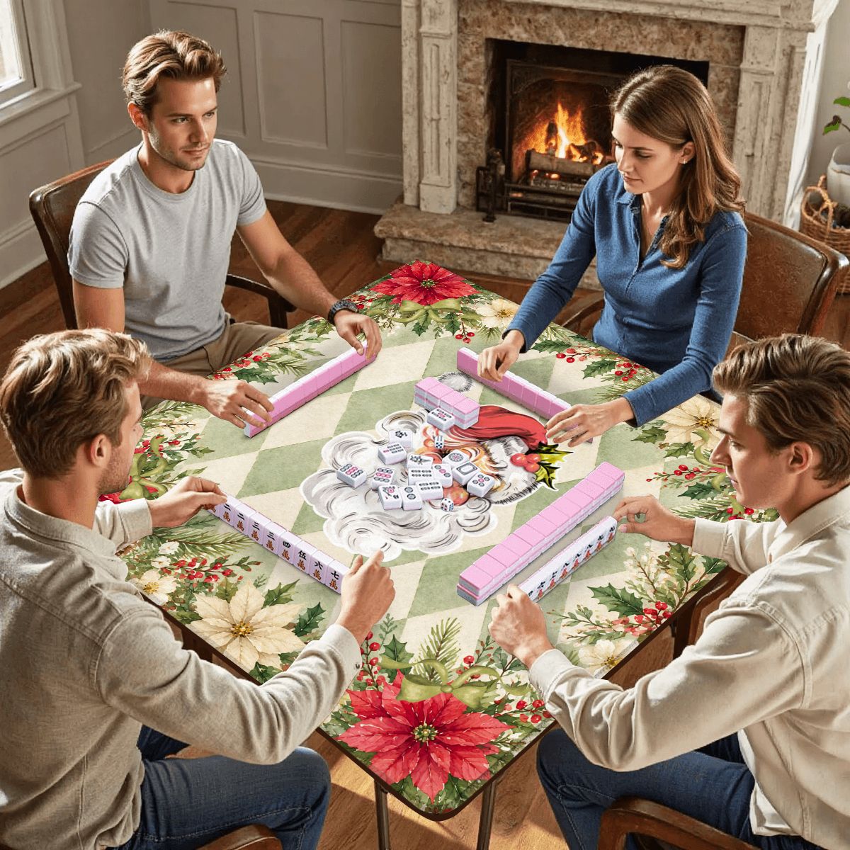 Vintage Santa Harlequin Romance Green Christmas Mahjong Mat - Splash Of Mahj And Color Co.