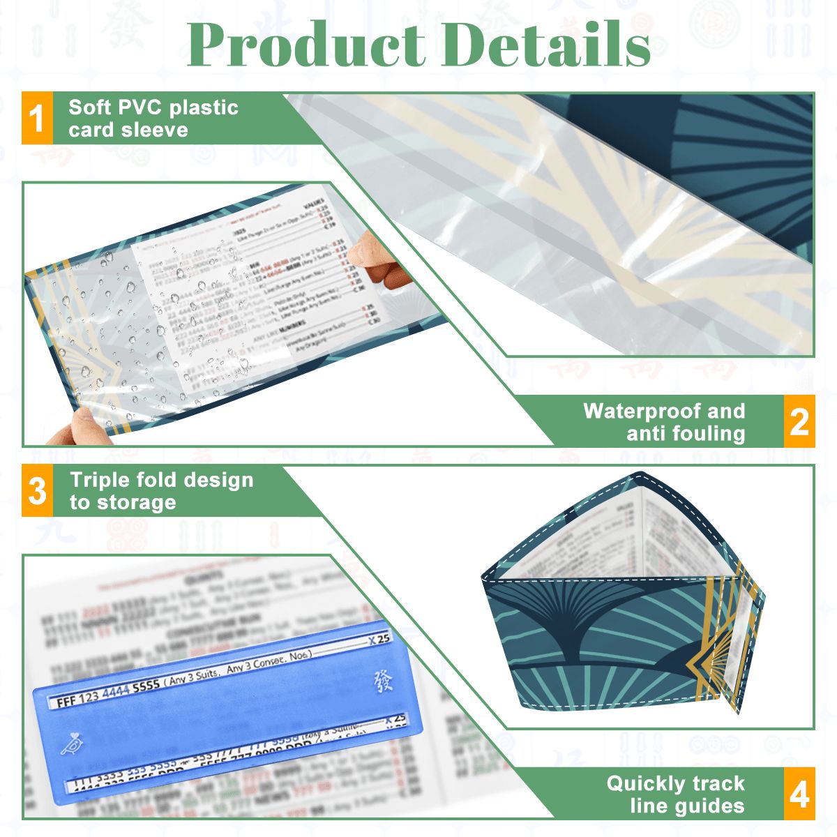 Art Deco Mahjong Blue Gilded Gold 4 Mahjong Card Holder with Line Finder - Splash of Color Co.