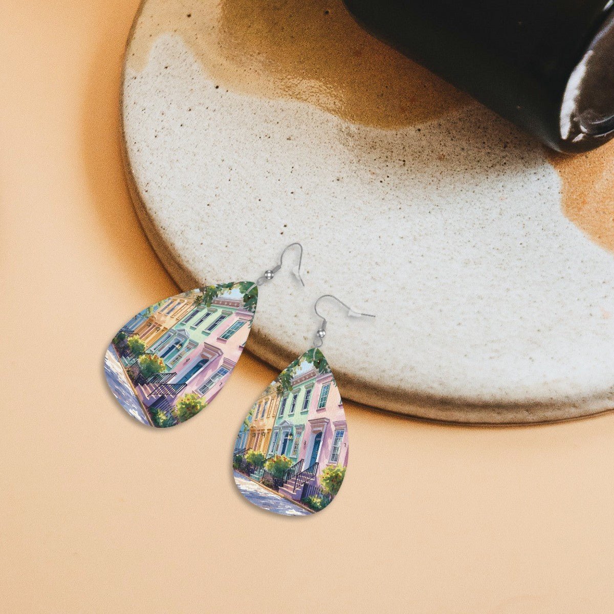 Charleston South Carolina Rainbow Row Leather Teardrop Earrings - Splash of Color Co.