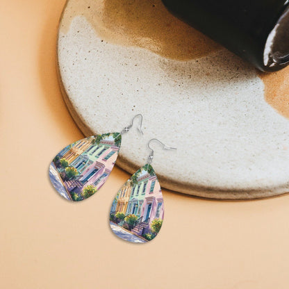 Charleston South Carolina Rainbow Row Leather Teardrop Earrings - Splash of Color Co.
