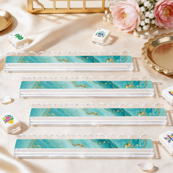 Aqua Tidal Wave Extended Mahjong Rack Set of 4 Scalloped Magnetic Tile Pusher 20' - Splash Of Mahj And Color Co.