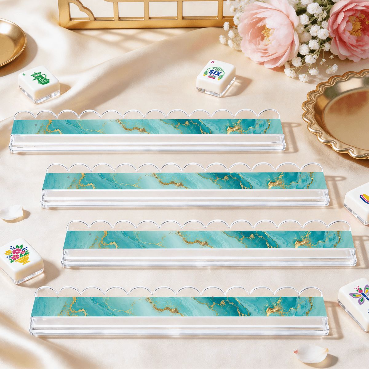 Aqua Tidal Wave Extended Mahjong Rack Set of 4 Scalloped Magnetic Tile Pusher 20' - Splash Of Mahj And Color Co.