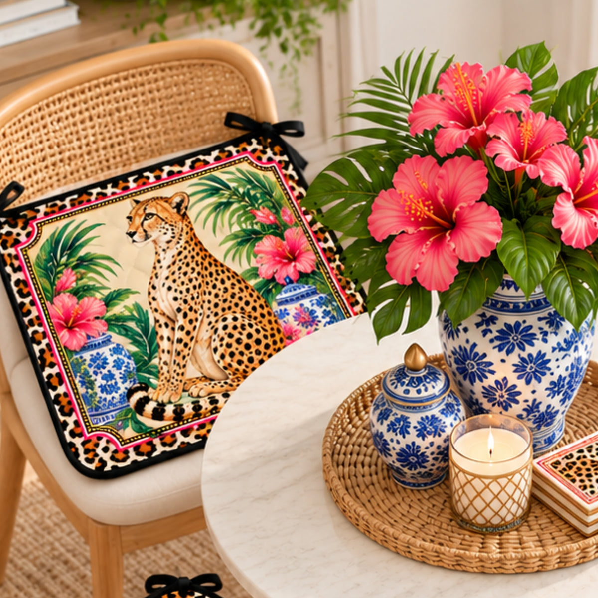 Leopard Chinoiserie Print Quilted Chair Cushion