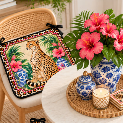 Leopard Chinoiserie Print Quilted Chair Cushion