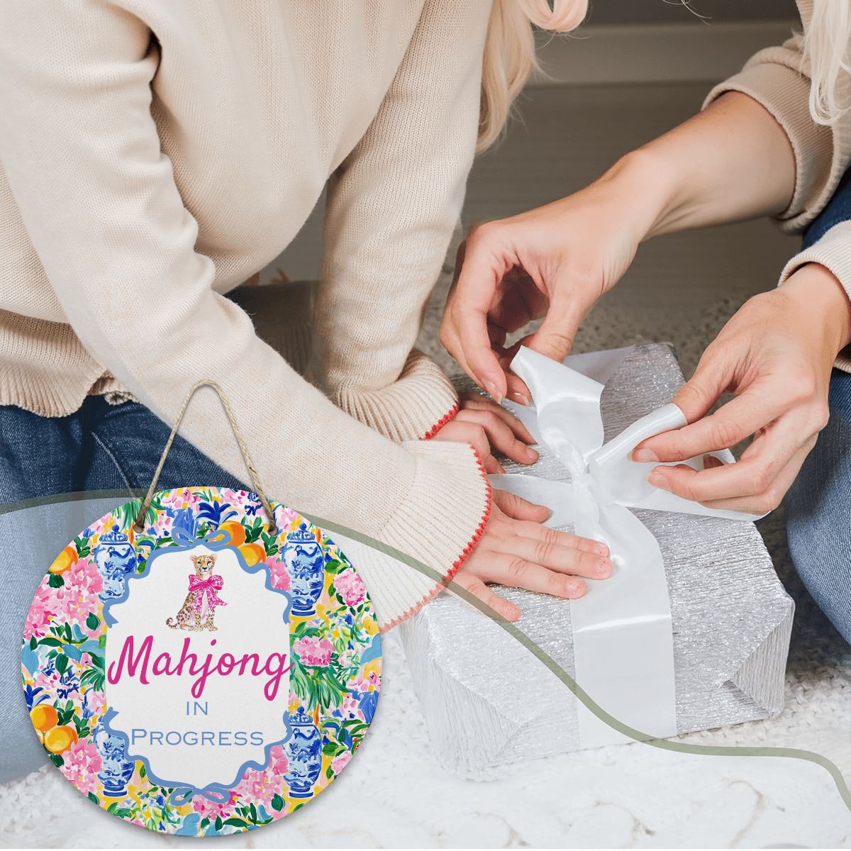 Mahjong In Progress Pretty Floral Chinoiserie Designed Round Sign - Splash of Color Co.