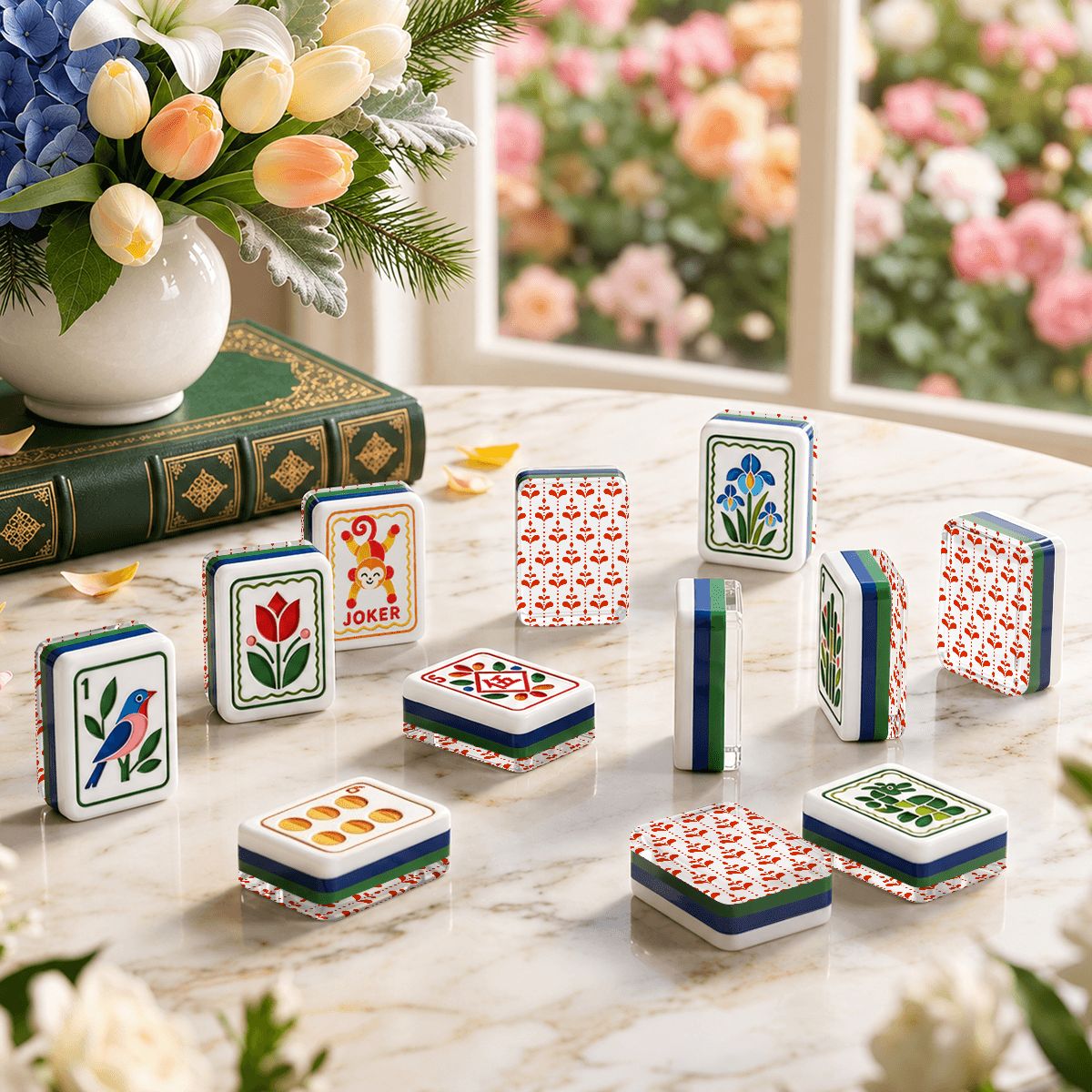 Scandinavian Red Flower Modern Folk American Mahjong Tiles 4 Layer Acrylic With Carry Case - Splash Of Mahj And Color Co.
