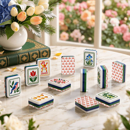 Scandinavian Red Flower Modern Folk American Mahjong Tiles 4 Layer Acrylic With Carry Case - Splash Of Mahj And Color Co.