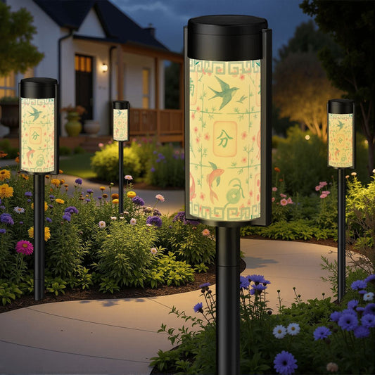 Asian Zen Garden Mahjong Lover, Pastel Tiles, Floral Outdoor Solar Lights