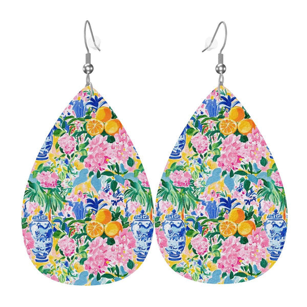 Pretty Preppy Chinoiserie Pastel Tropical Leather Teardrop Earrings - Splash of Color Co.