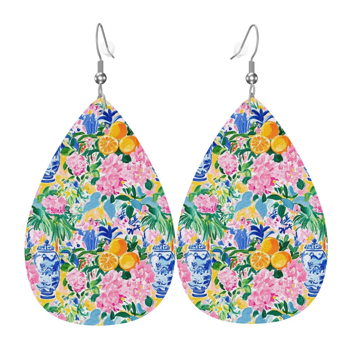 Pretty Preppy Chinoiserie Pastel Tropical Leather Teardrop Earrings - Splash of Color Co.