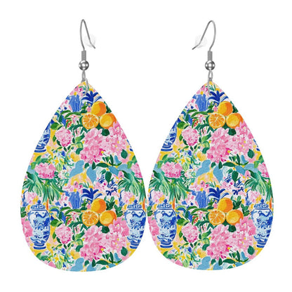 Pretty Preppy Chinoiserie Pastel Tropical Leather Teardrop Earrings - Splash of Color Co.