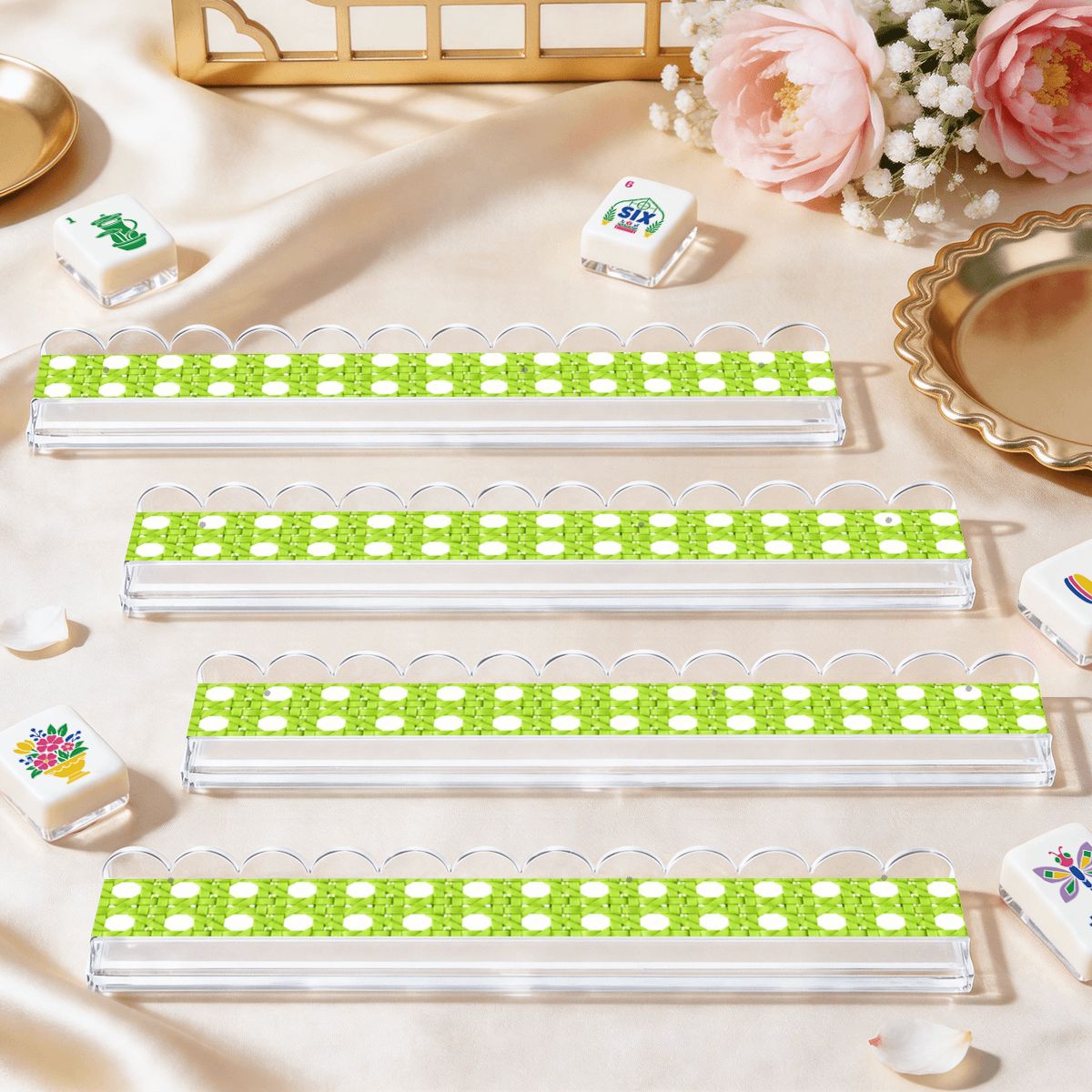 Vintage Cane Green Extended Mahjong Rack Set of 4 Scalloped Magnetic Tile Pusher 20' - Splash Of Mahj And Color Co.