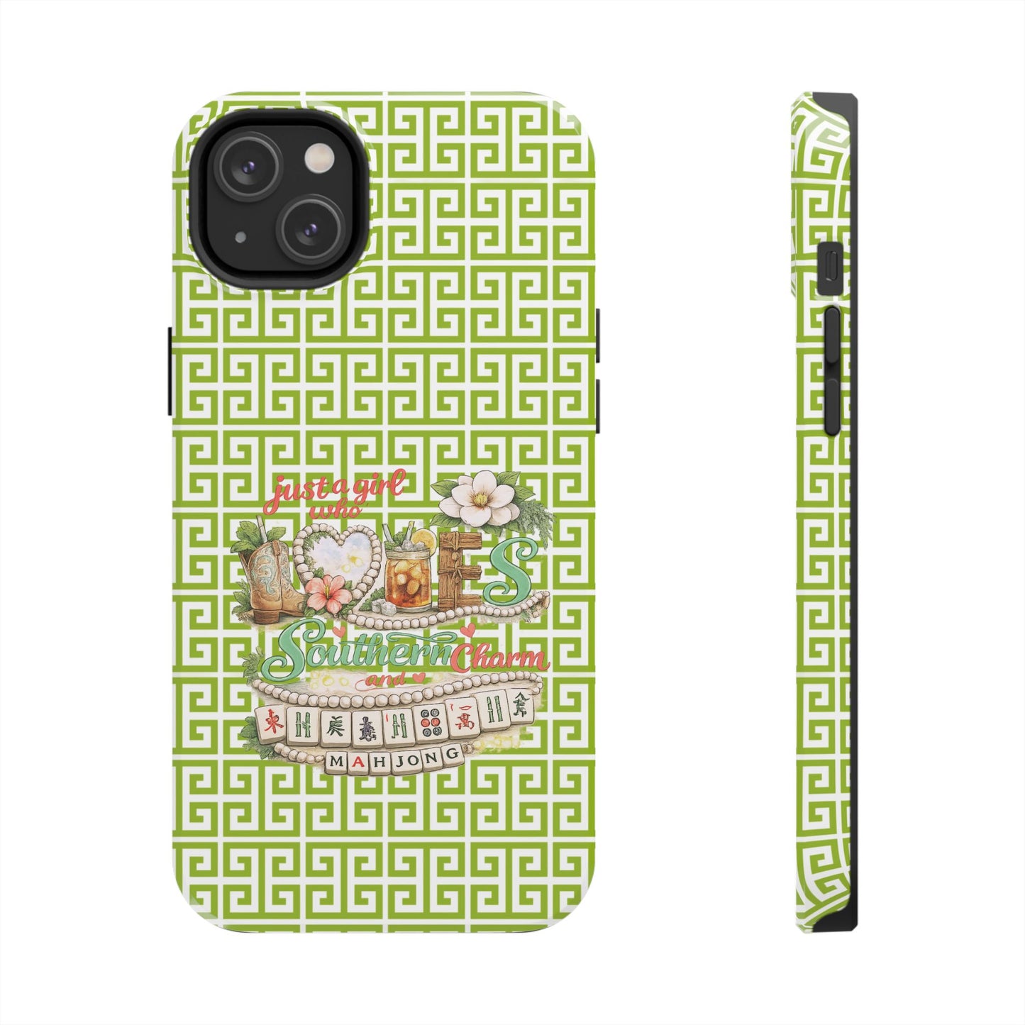 Mahjong Floral Pattern Just A Girl Who Loves Southern Charm and Mahjong Phone Case | Green Geometric Background - Splash of Color Co.