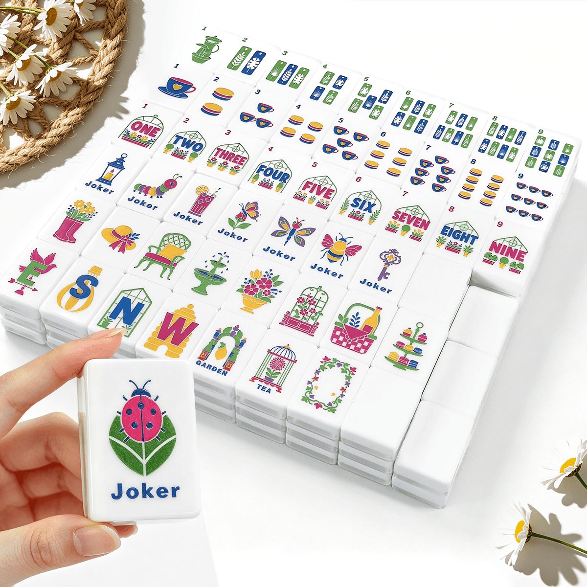 Lime Green Cheetah Garden American Mahjong Tiles (Floral Garden Style) With Carry Case