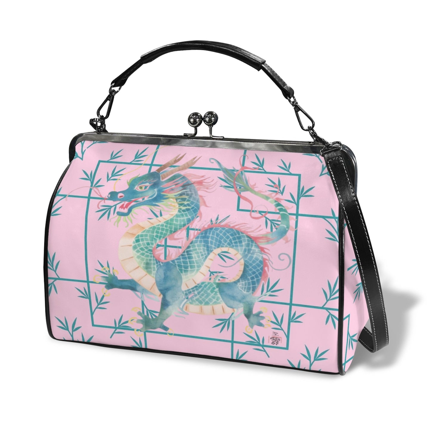 Hot Pink Watercolor Dragon Preppy Kisslock Handbag, Shoulder Bag Kisslock Crossbody Shoulder Bag - Splash of Color Co.
