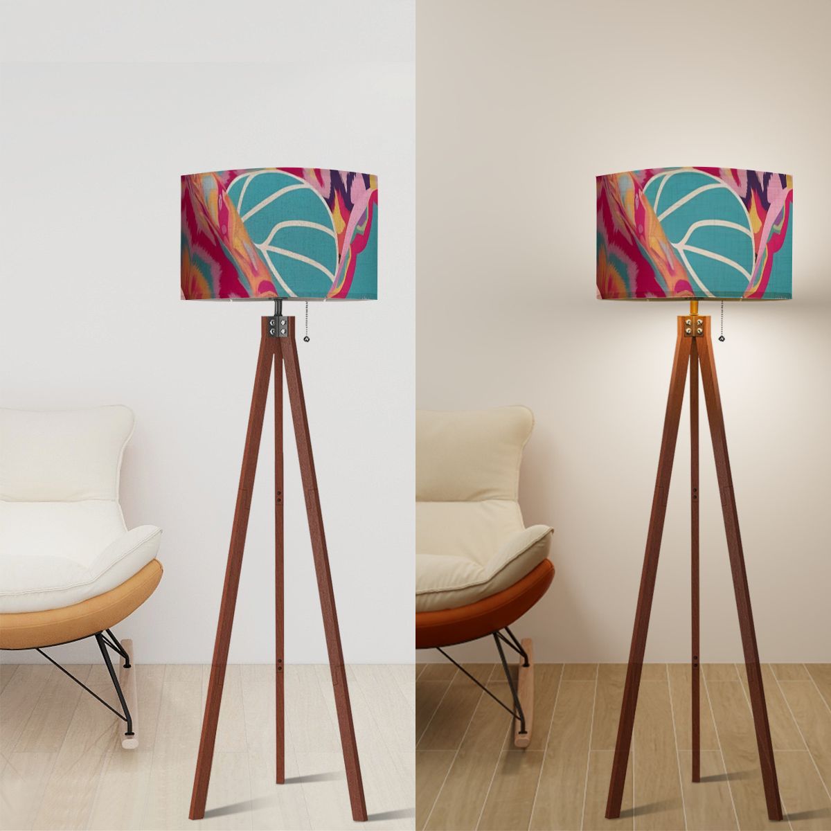Boho Style Whimsical Watercolor Fusia Pink Teal Modern Tripod Floor Lamp