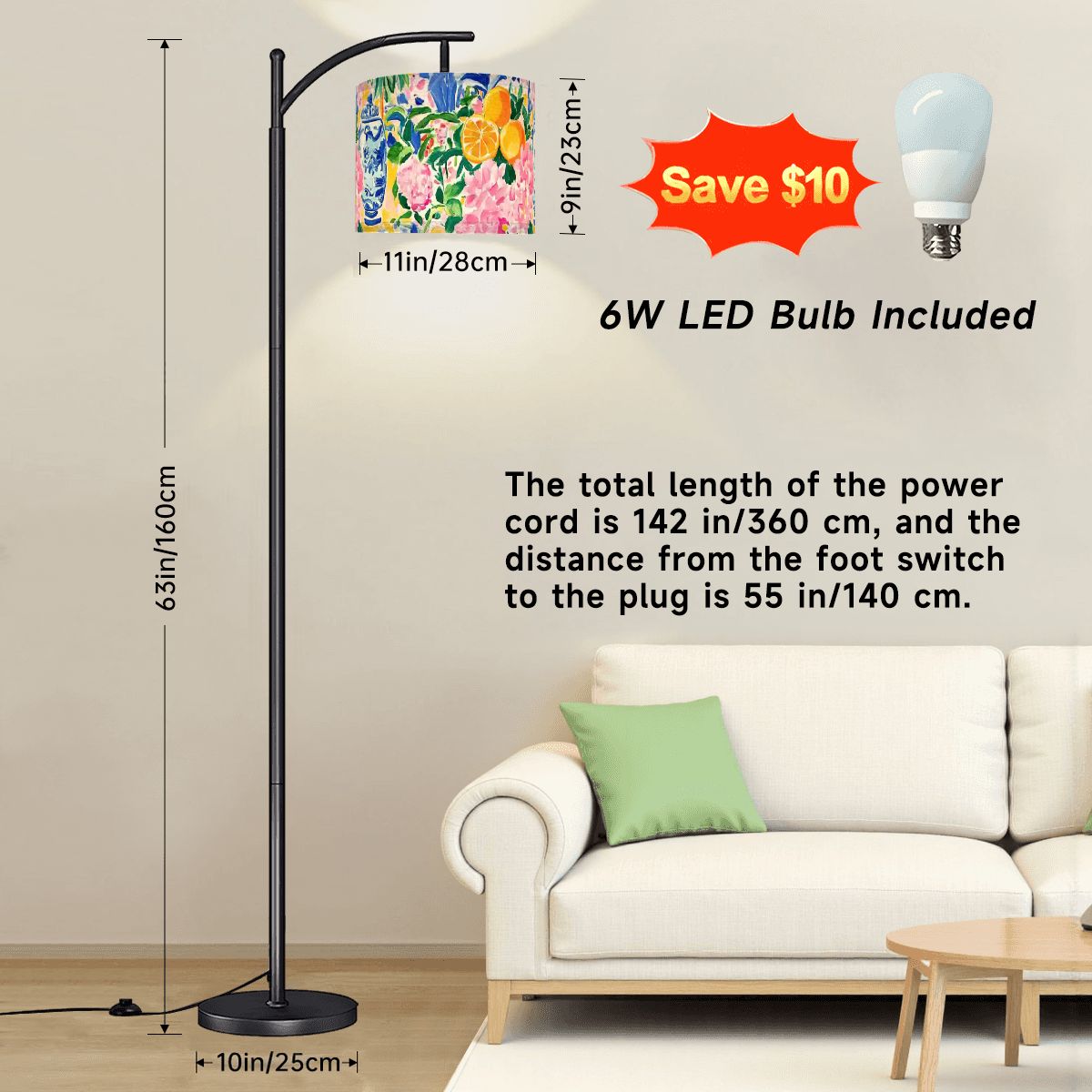 Vibrant Floral Asian Chinoiserie Modern Arc Floor Lamp - Splash of Color Co.