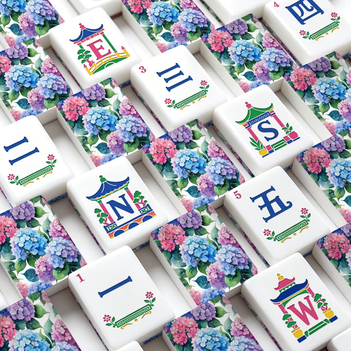 Blooming Hydrangeas Chinoiserie Mahjong Tiles With Carry Case - Splash Of Mahj And Color Co.