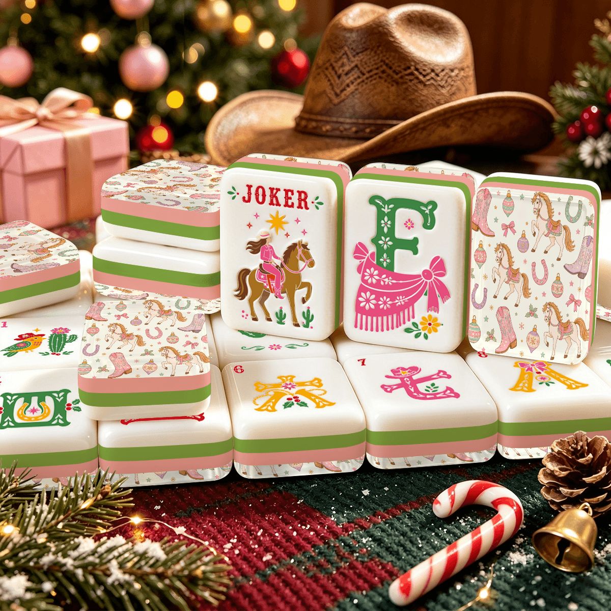 Wild West Wonderland Mahjong Western Christmas Layered Mahjong Tiles With Carry Case