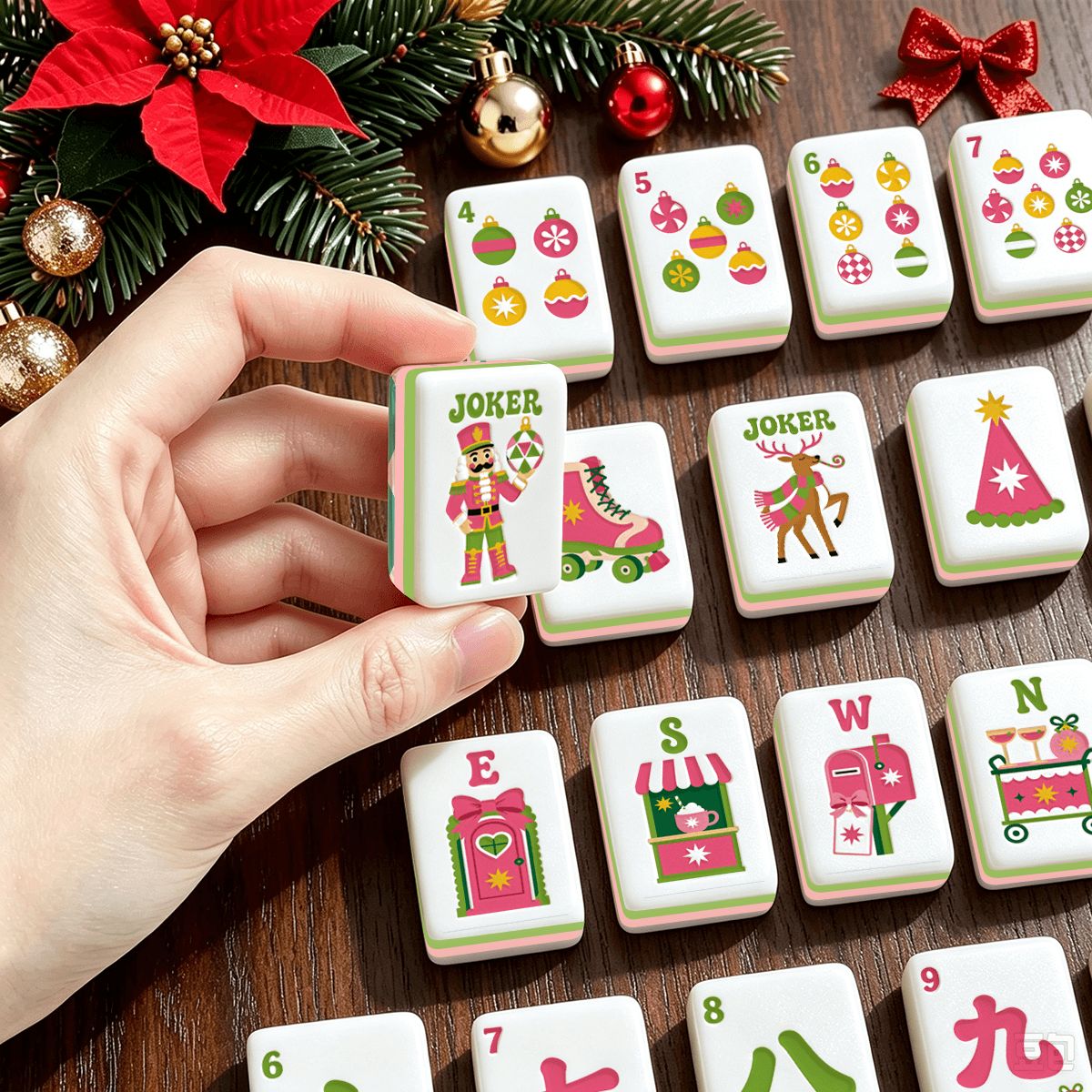 Harlequin Christmas Wonderland Preppy Pink Christmas Mahjong Tiles And Carry Case
