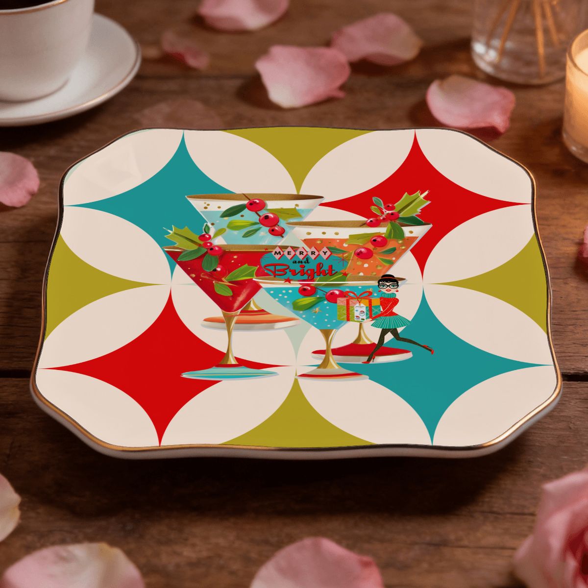 Holiday Modernist Cocktail Hour Scalloped Ceramic Mahjong Dice Tray