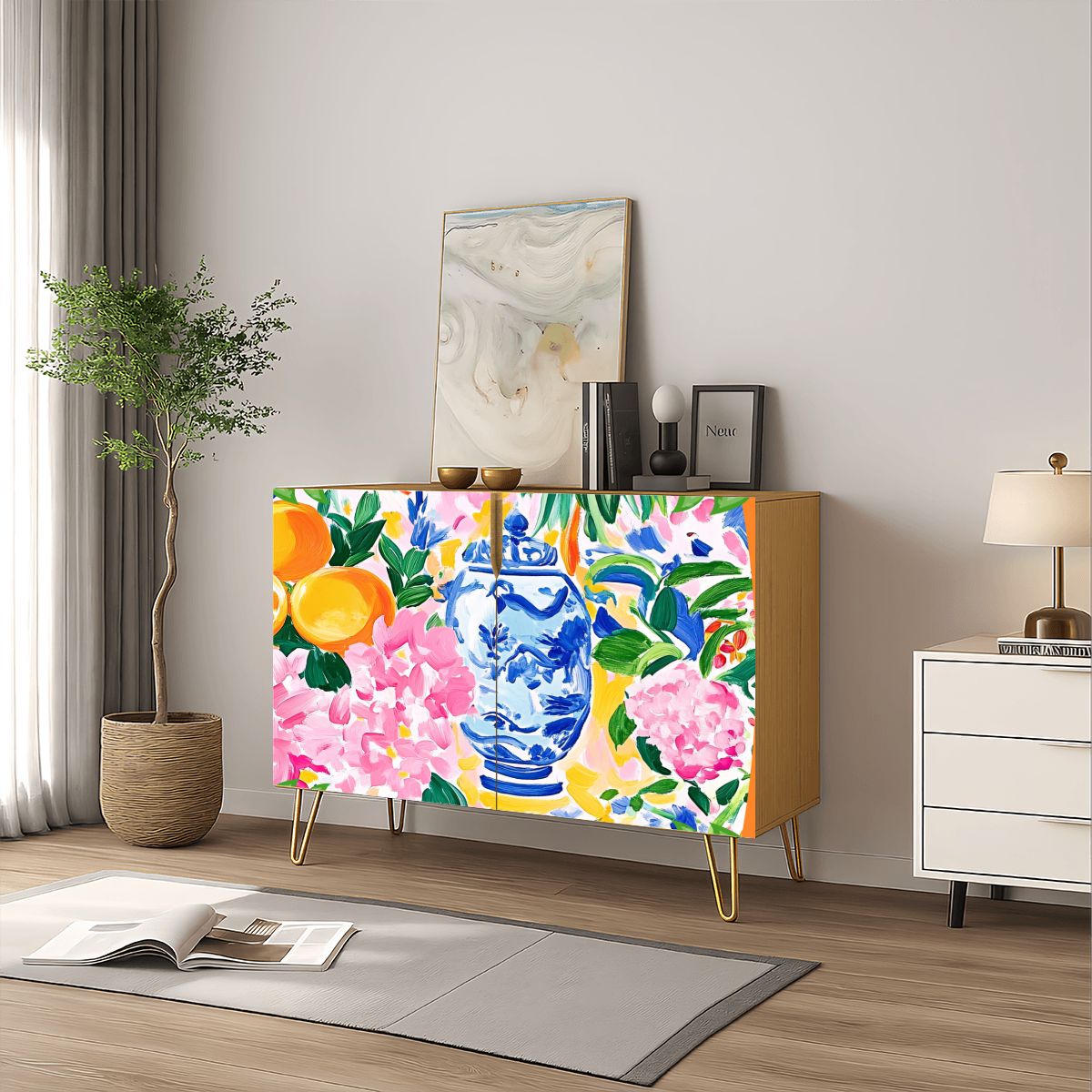 Chinoiserie Watercolor Citrus Mahjong Tiles And Accessories Sideboard Credenza - Splash Of Mahj And Color Co.
