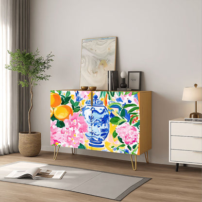 Chinoiserie Watercolor Citrus Mahjong Tiles And Accessories Sideboard Credenza - Splash Of Mahj And Color Co.