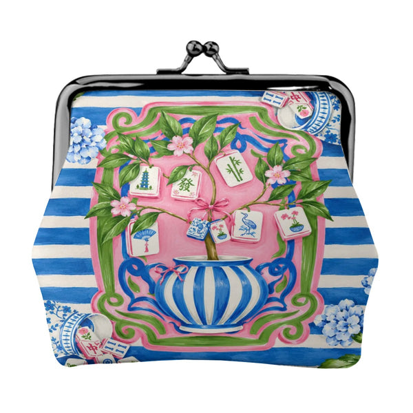 Preppy Chinoiserie Pink And Blue Women's Leather Kiss Lock Coin Purse