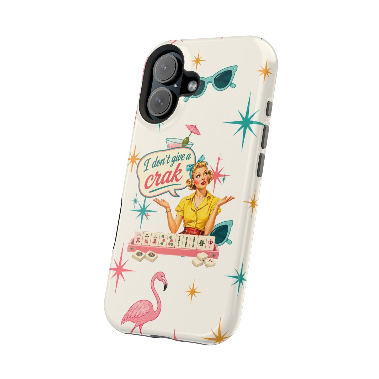 Funny Mahjong Tropical Flamingo Phone Case — “I Don’t Give a Crak” Magnetic Impact-Resistant Case