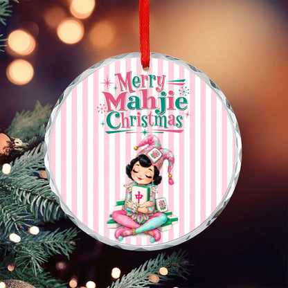Merry Mahjie Mahjong Christmas Pink And White Striped Round Glass Christmas Ornament