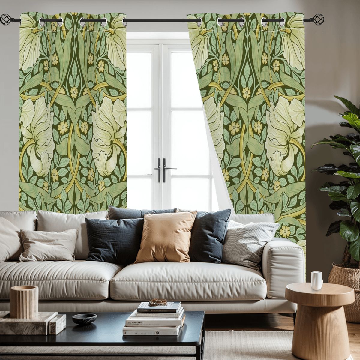 William Morris Inspired Green Floral Vine Blackout Grommet Curtains