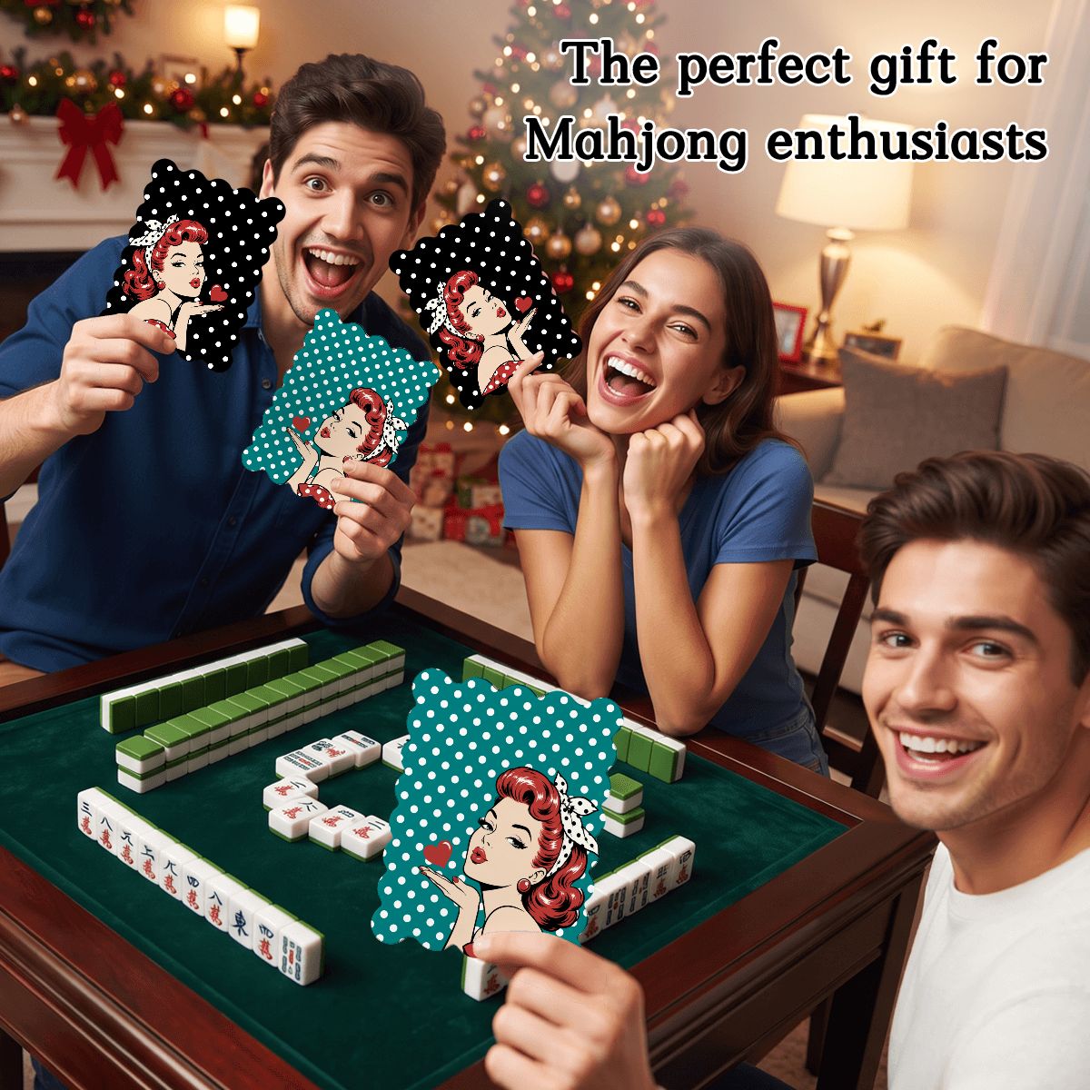 Black and Teal Polka Dot Nostalgic Scalloped Mahjong Shuffler Cards  Set of 4