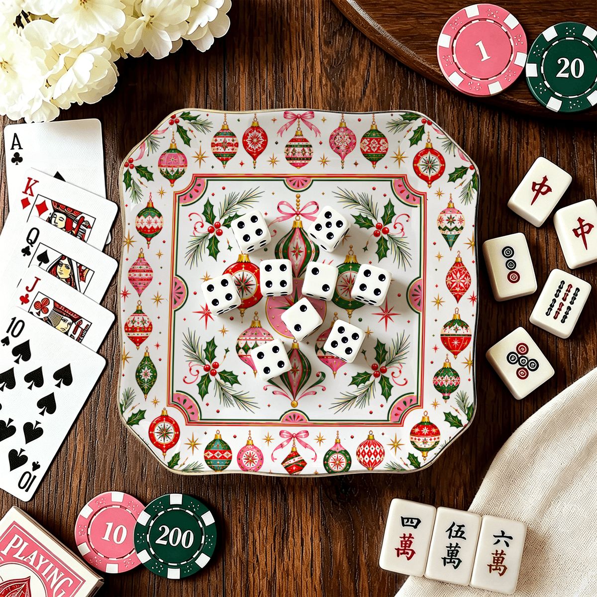 Shiny Brite Vintage Nostalgic Christmas Scalloped Ceramic Mahjong Dice Tray