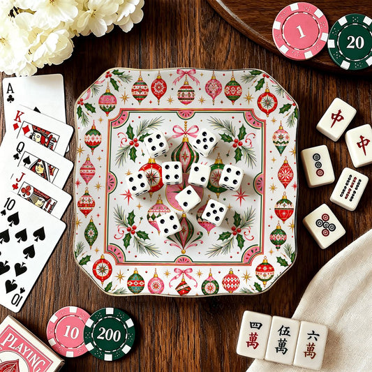 Shiny Brite Vintage Nostalgic Christmas Scalloped Ceramic Mahjong Dice Tray - Splash Of Mahj And Color Co.