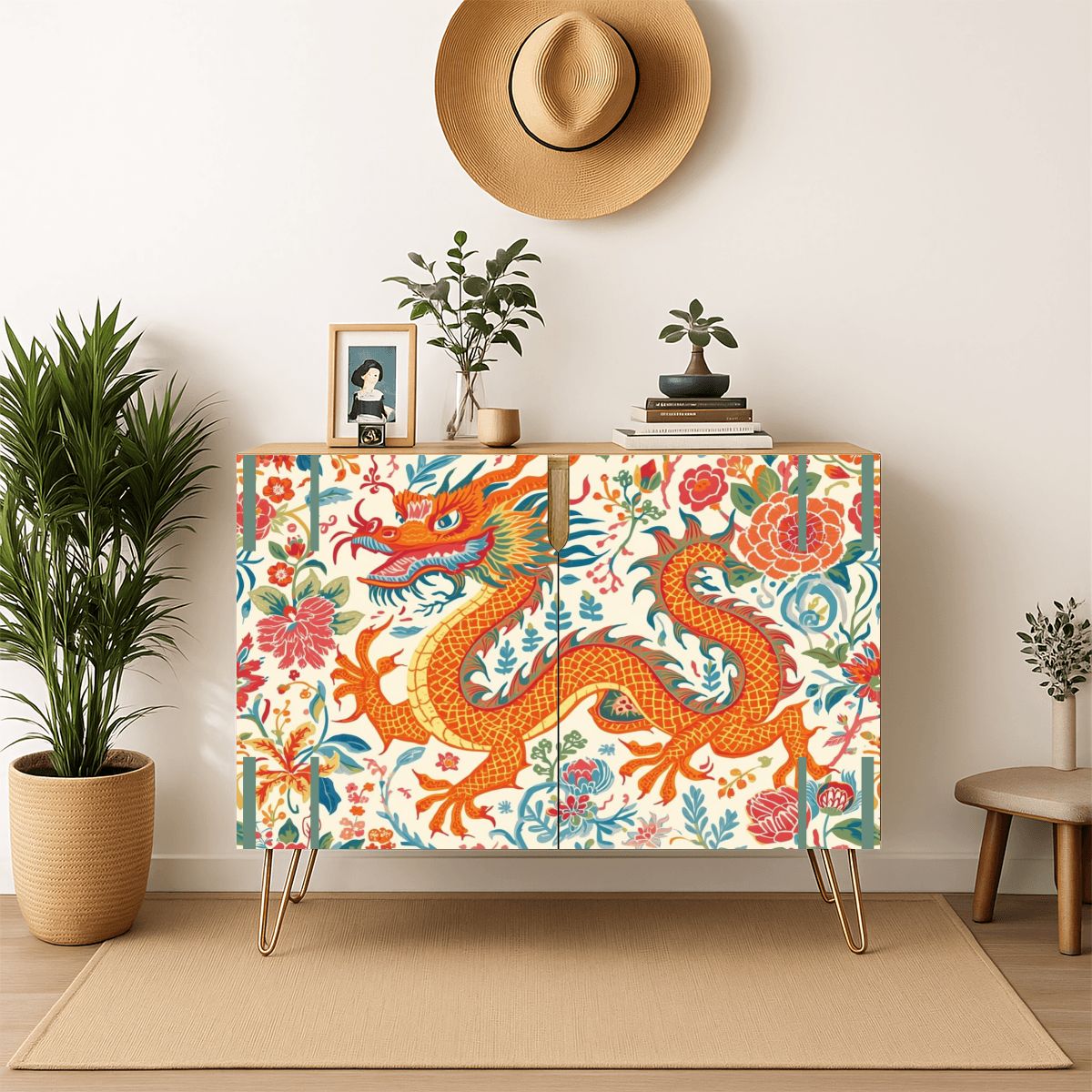 Asian Dragon Chinoiserie Orange Blue Green Modern Wooden Storage Cabinet - Splash of Color Co.