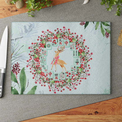 Mahjong Christmas Chacuterie Board, Festive Deer Glass Cutting Board