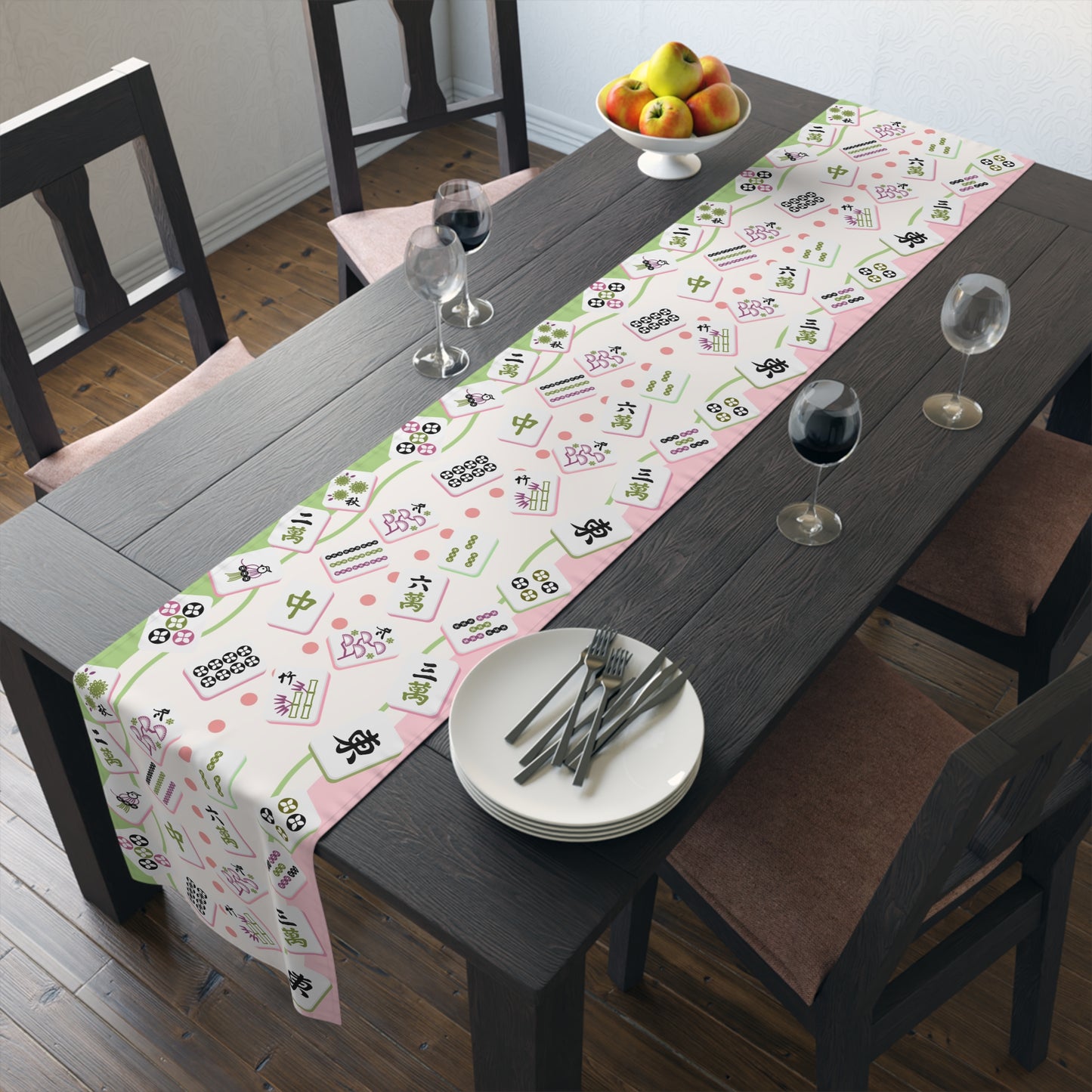 Mahjong Tiles Pattern Table Runner | Pink Green Mahjong Table Runner - Splash of Color Co.