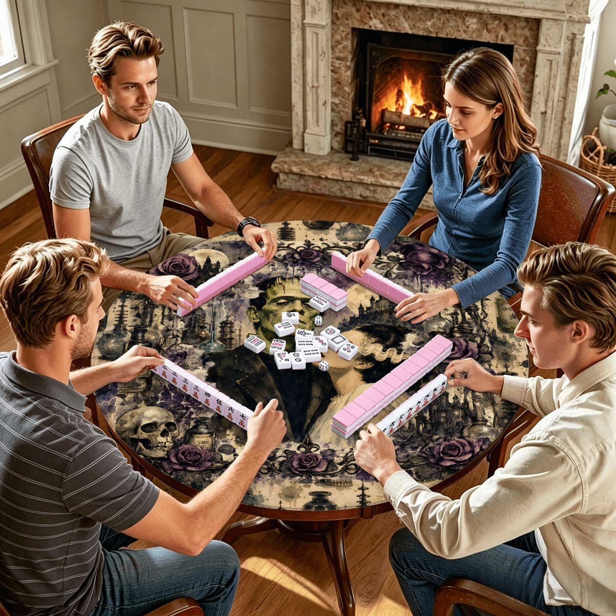 Bride And Frankenstein Round Mahjong Mat - Splash Of Mahj And Color Co.